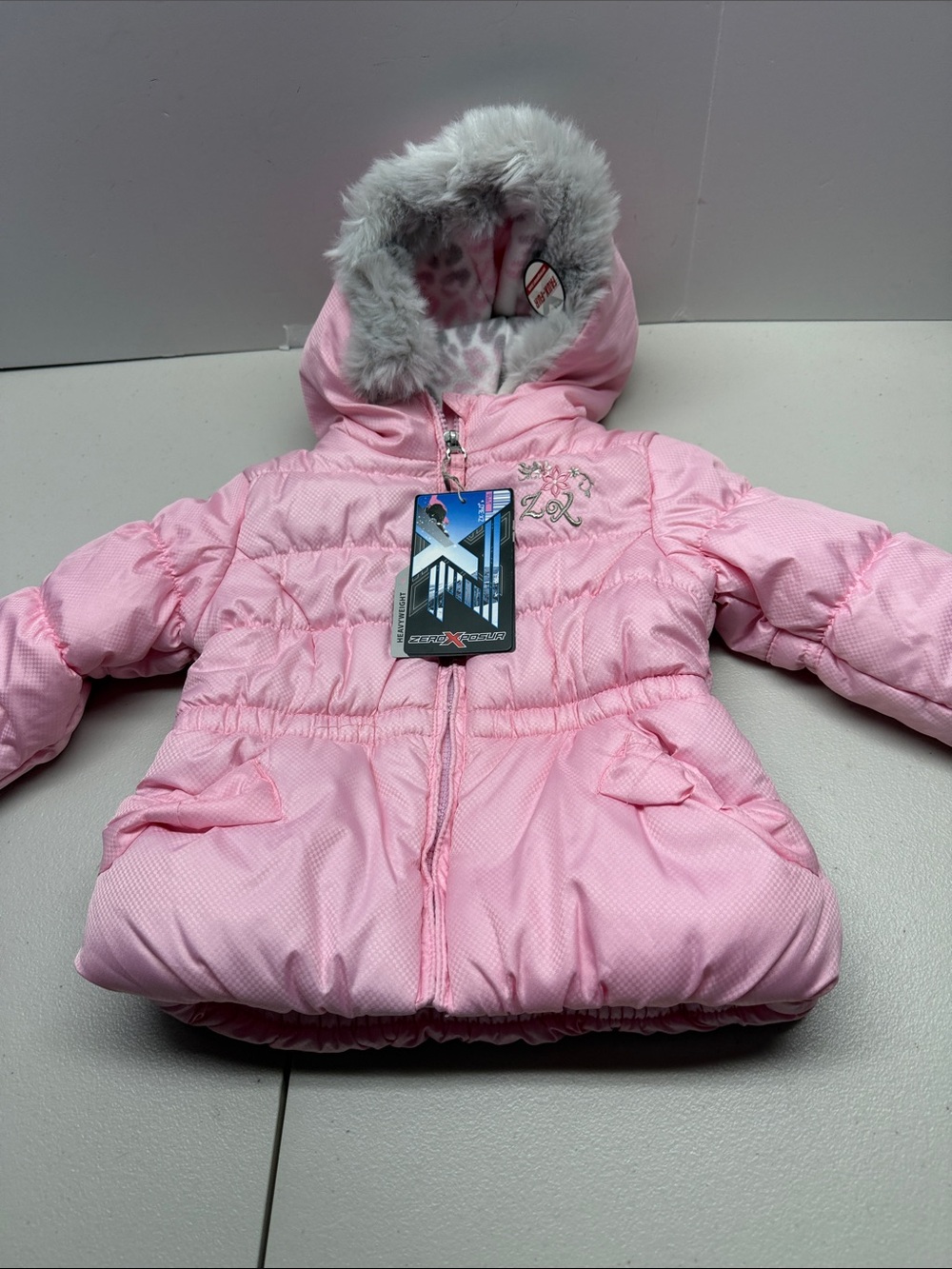 ZeroXposur Girls Light Pink Hooded Puffer Jacket with Faux Fur Trim. NEW. 18M